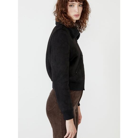 BARDOT Women's Shearling Bomber Jacket Small US 4 Black Faux Suede Cropped NWT - Picture 4 of 15